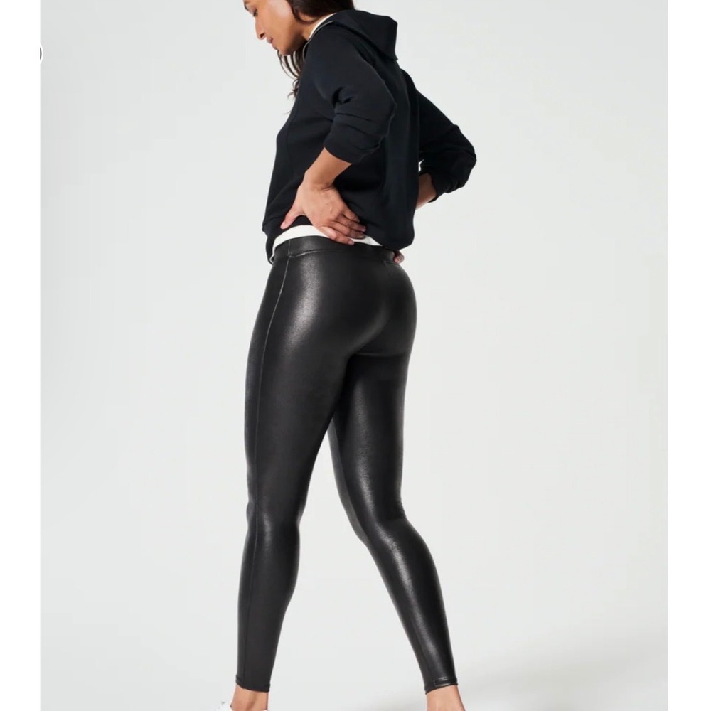 Spanx Faux Leather Leggings Bundle Black & Burgundy Womens Small Petite Set of 2